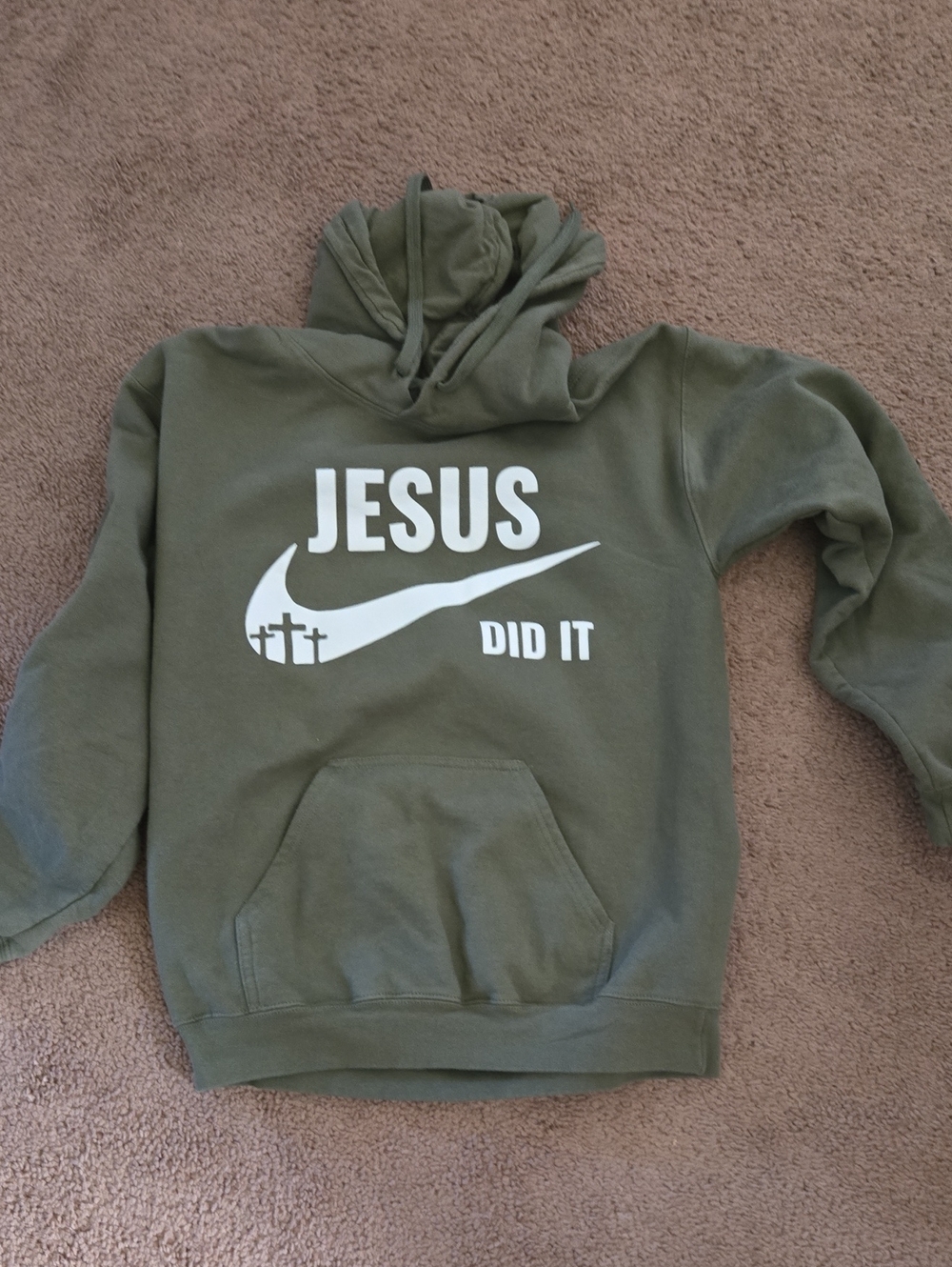 Olive Green Graphic Hoodie - Jesus Did It Womans Small